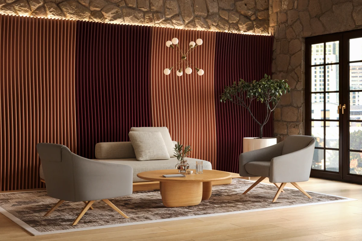 Vizualizacija Feltpanel Wall Wave zidne obloge s valovitim lamelama iza sjedeće garniture