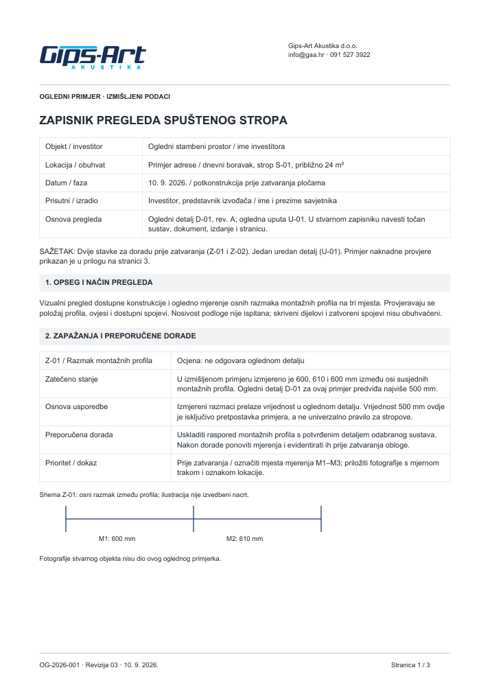Prva stranica oglednog zapisnika Gips-Art Akustika s izmišljenim podacima